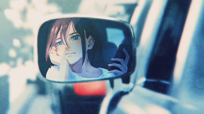 Anime girl with blue eyes in car mirror