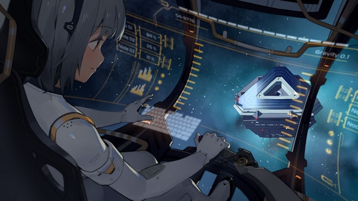 Anime girl in cockpit looking at space station