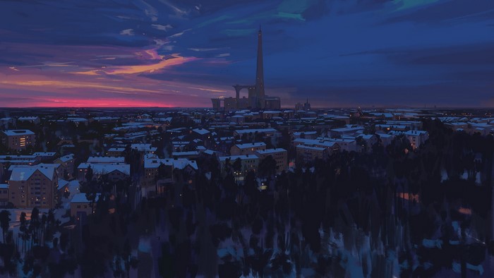 Digital painting of a futuristic city at sunset