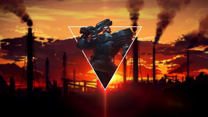 Gangplank from League of Legends in front of industrial sunset