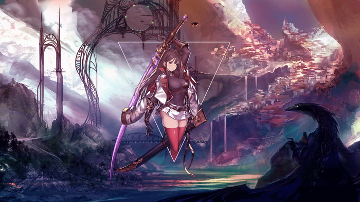 Anime girl with sword in fantasy landscape