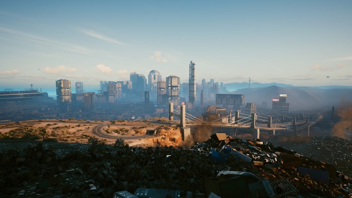 Cyberpunk 2077 cityscape at sunset