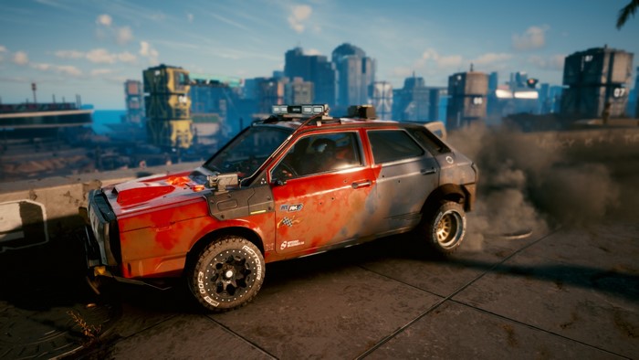 Cyberpunk 2077 car drifting in a city