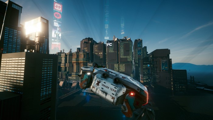 Cyberpunk 2077 Trauma Team flying vehicle in a futuristic city