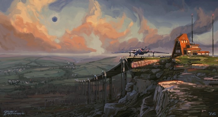 Science fiction landscape with aircraft and buildings