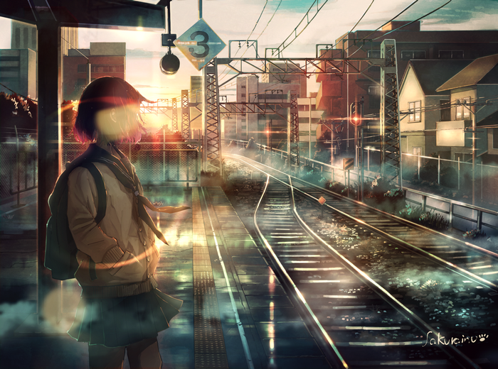 Anime schoolgirl at train station during sunset