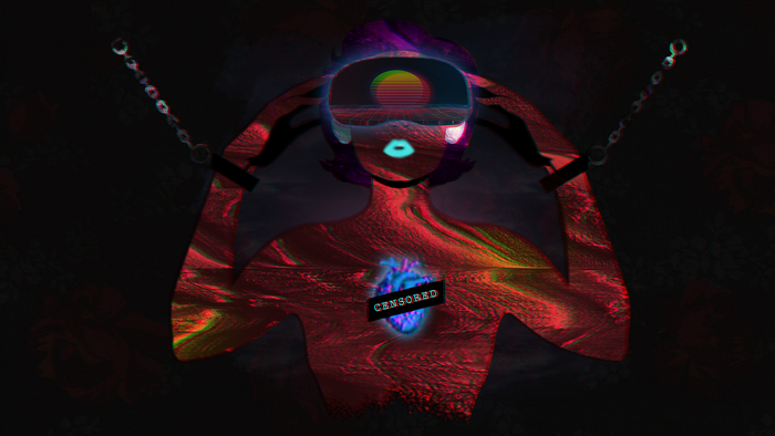 Woman in VR headset with censored heart and chains
