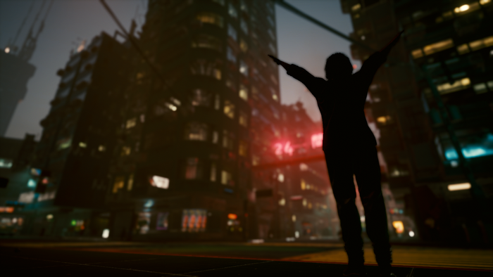 Silhouette of a person with arms up in Cyberpunk 2077