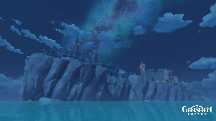 Genshin Impact castle on a cliff at night