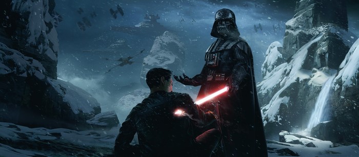 Darth Vader and Kylo Ren with lightsabers in a snowy landscape