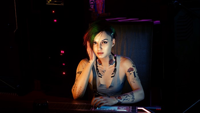 Judy Alvarez from Cyberpunk 2077 with tattoos