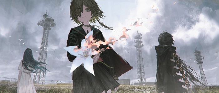 Anime girls with burning flower near towers
