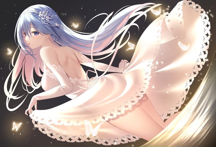 Anime girl with blue hair and white dress
