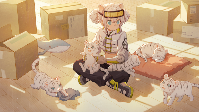 Anime girl with white tigers and boxes