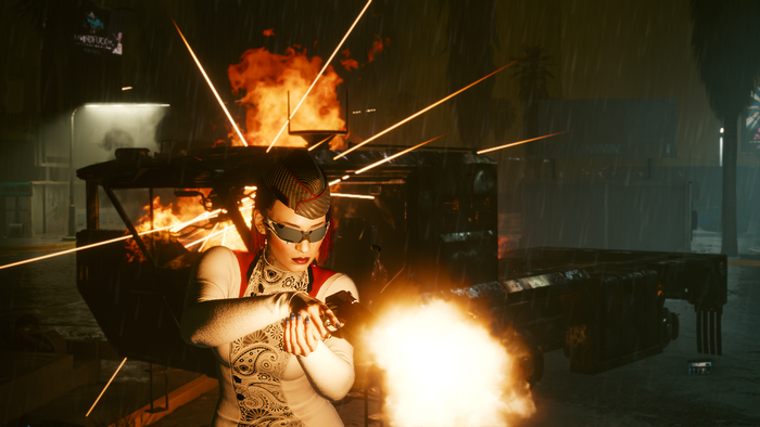 Female V from Cyberpunk 2077 firing a pistol in the rain