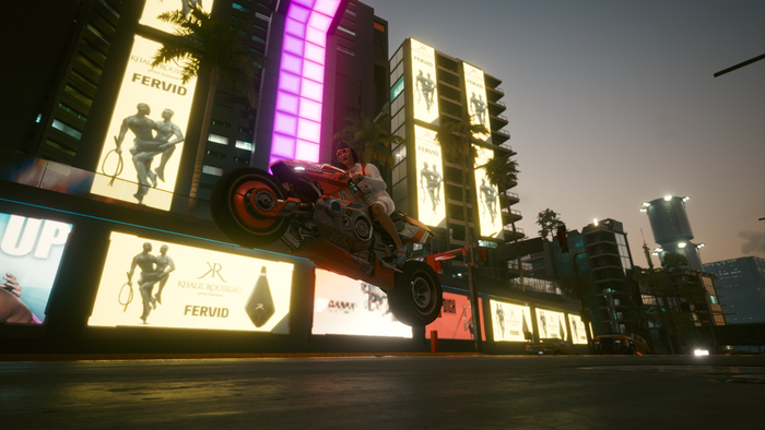 Female V on a motorcycle in Cyberpunk 2077