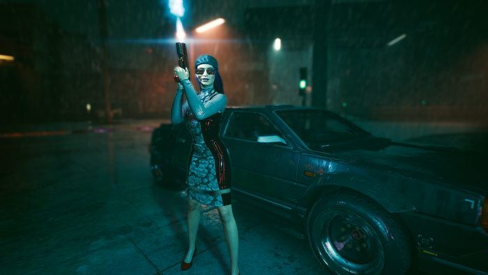 Female V with pistol next to car in Cyberpunk 2077