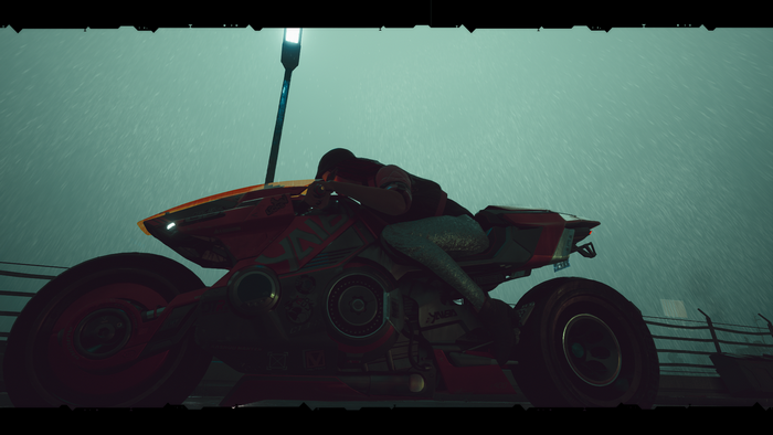 Female V on a motorcycle in Cyberpunk 2077