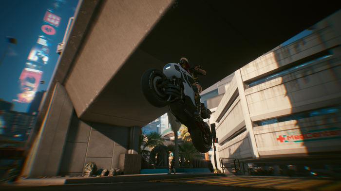 Female V on a motorcycle in Cyberpunk 2077
