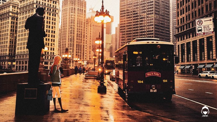 Anime girl and statue in Chicago with trolley bus