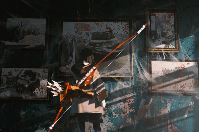 Person with bow and arrow in front of bloody pictures