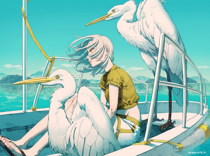 Girl with white hair and two egrets on a boat