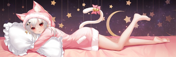 Anime girl with cat ears and tail on bed