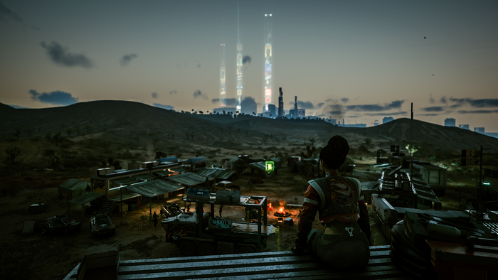 Panam Palmer from Cyberpunk 2077 in a desert settlement