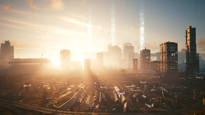 Cyberpunk 2077 cityscape at sunrise