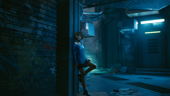 Woman in blue dress in Cyberpunk 2077 alley