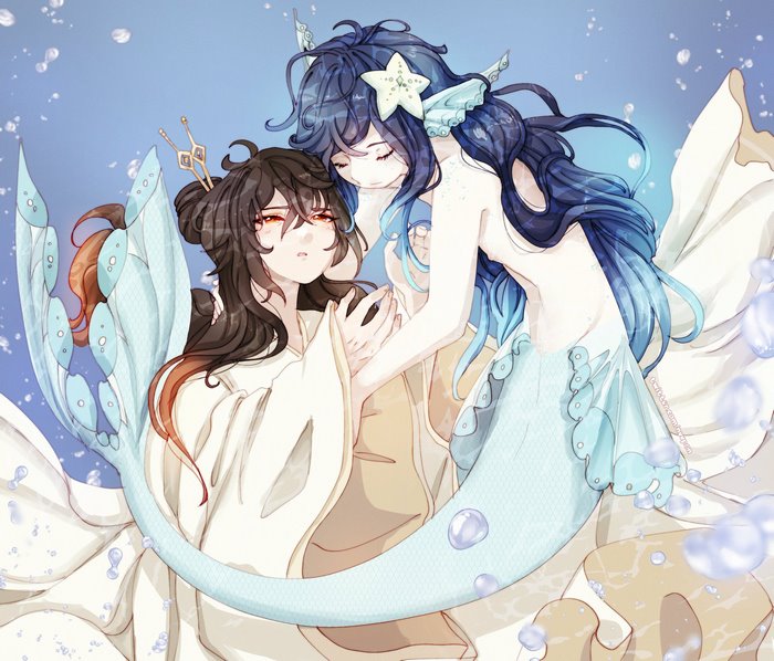 Genshin Impact Zhongli and Venti Mermaid AU