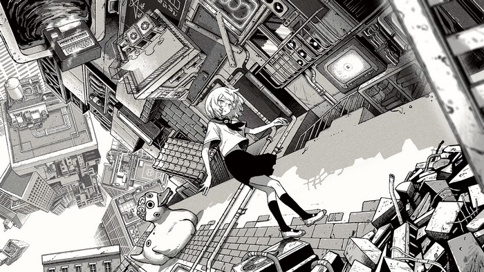 Girl in school uniform in a surreal city