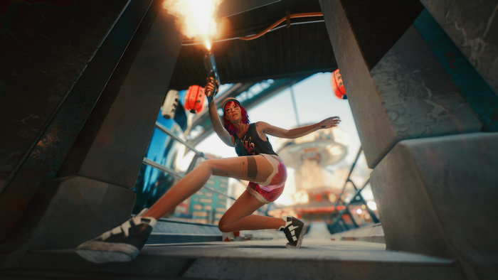 V from Cyberpunk 2077 holding a flare gun