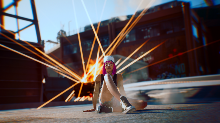 V from Cyberpunk 2077 sitting on the ground