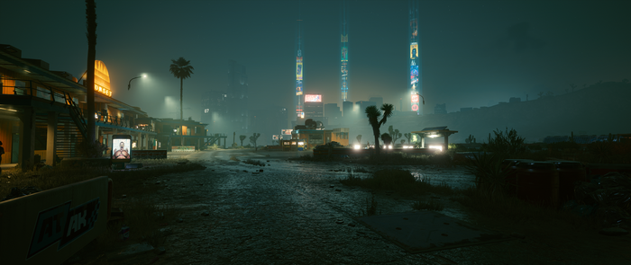 Cyberpunk 2077 screenshot of a neon-lit motel and cityscape