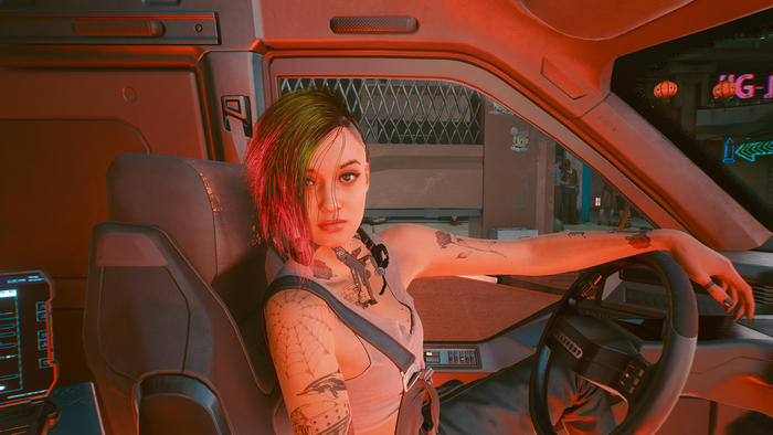 Judy Alvarez from Cyberpunk 2077 in a car
