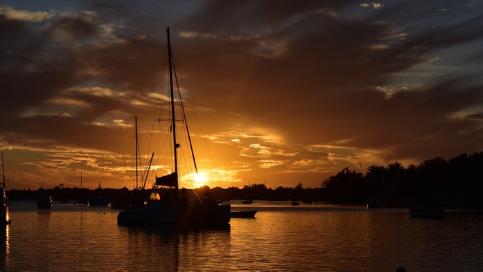 Sailboats silhouetted against a sunset over water