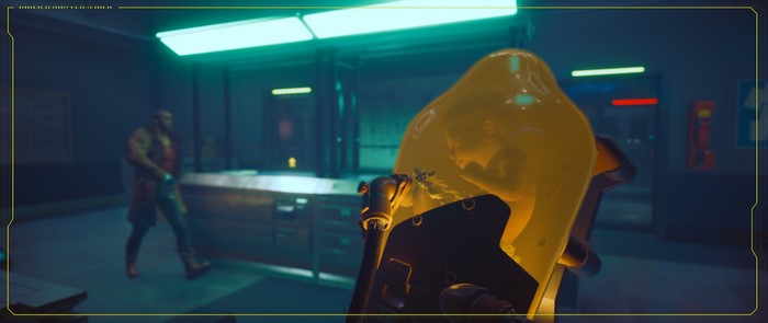 Man in yellow liquid container in Cyberpunk 2077