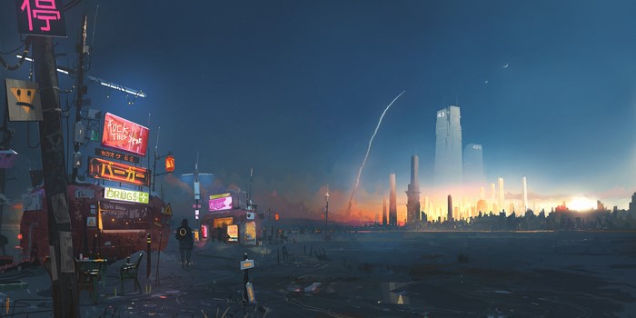 Cyberpunk cityscape with neon signs and rockets