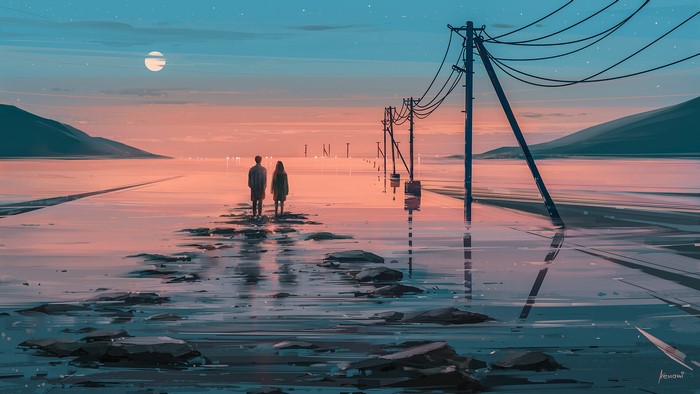 Couple walking on flooded road at sunset with power lines