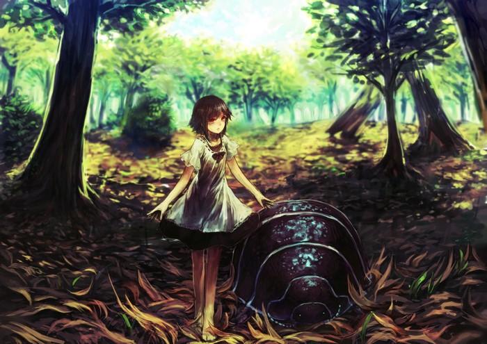 Anime girl with woodlouse in forest