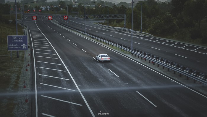 Nissan Skyline R32 on M68 highway in Forza Horizon 4