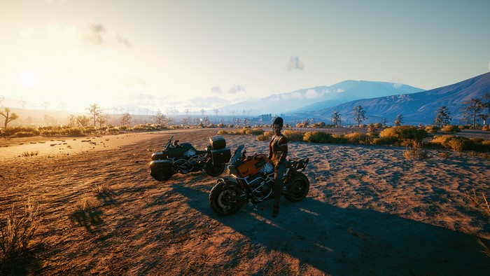 Panam Palmer from Cyberpunk 2077 with motorcycles in desert