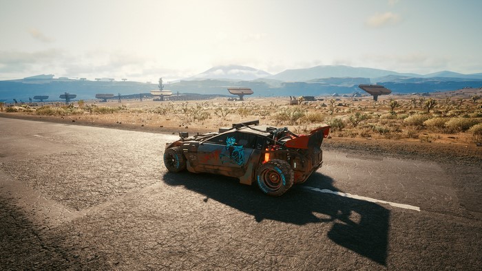 Cyberpunk 2077 car in a desert landscape
