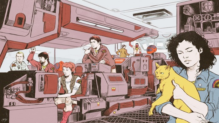 Crew of the Nostromo from Alien with Jonesy the cat