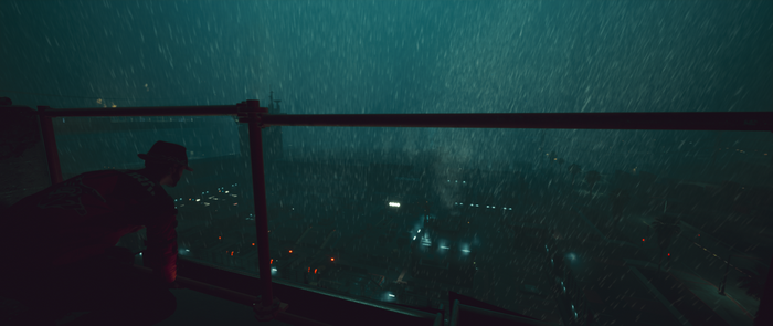 Arasaka Tower in Cyberpunk 2077 during a rainstorm