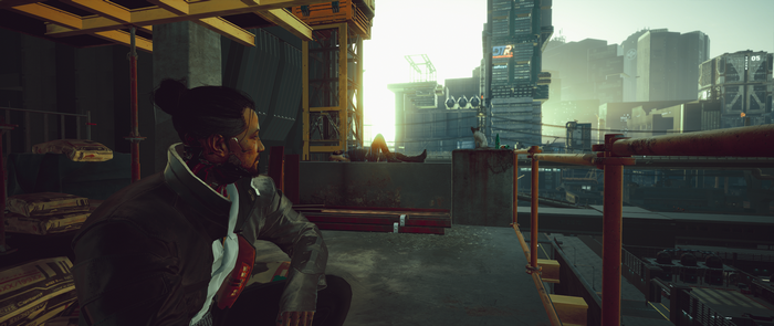 Goro Takemura from Cyberpunk 2077 on a rooftop