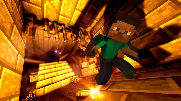 Steve fighting Ender Dragon in Minecraft