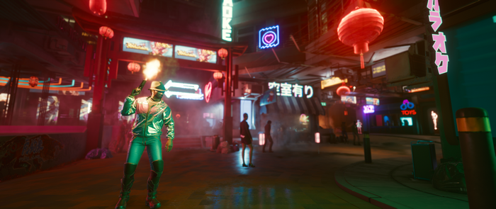 Man with flare in Cyberpunk 2077 city