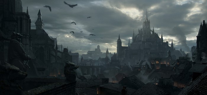 Dark fantasy city with castle and birds